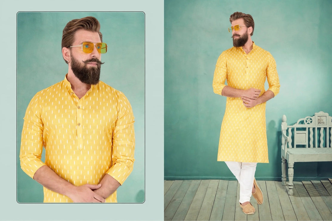 Men's Kurta - Yellow Ikat Pattern - Dual Shade - Indian Festive & Wedding Wear - Size 42