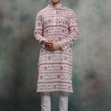Men's Kurta - Off White with Maroon Warli Tribal Print - Indian Festive & Wedding Wear - Size 36