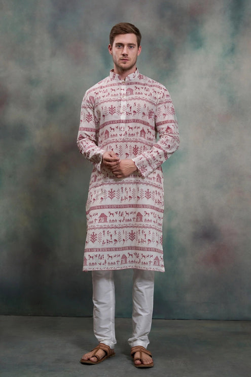 Men's Kurta - Off White with Maroon Warli Tribal Print - Indian Festive & Wedding Wear - Size 36