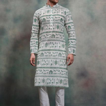 Men's Kurta - Off White with Green Warli Tribal Print - Indian Festive & Wedding Wear - Size 38