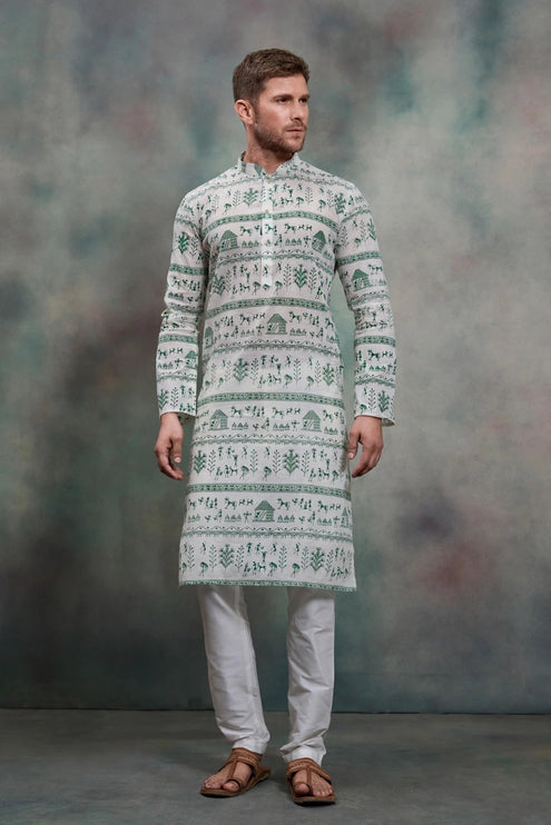 Men's Kurta - Off White with Green Warli Tribal Print - Indian Festive & Wedding Wear - Size 38