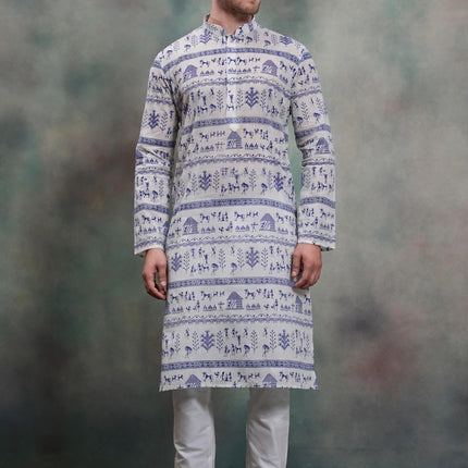 Men's Kurta - Off White with Blue Warli Tribal Print - Indian Festive & Wedding Wear - Size 40