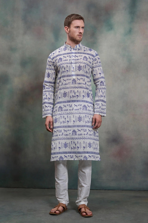 Men's Kurta - Off White with Blue Warli Tribal Print - Indian Festive & Wedding Wear - Size 40