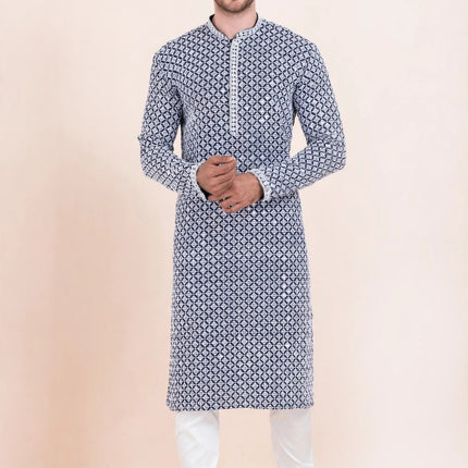 Men's Kurta - Navy Blue and White Geometric Pattern - Dual Shade - Indian Festive & Wedding Wear - Size 38