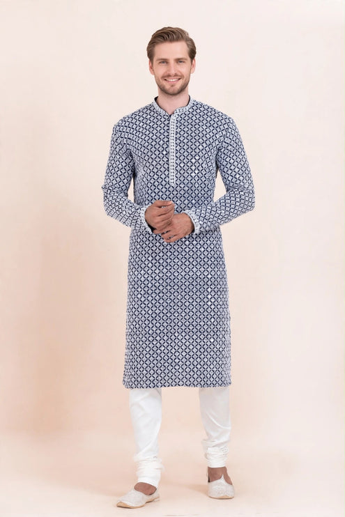 Men's Kurta - Navy Blue and White Geometric Pattern - Dual Shade - Indian Festive & Wedding Wear - Size 38