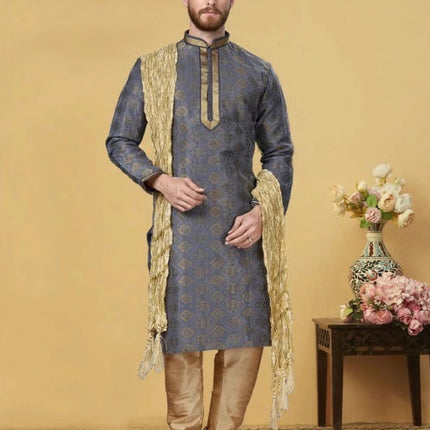 Men's Kurta Set with Dupatta - Grey and Gold Jacquard Pattern - Jacket Style - Size 46