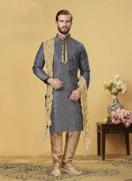 Men's Kurta Set with Dupatta - Grey and Gold Jacquard Pattern - Jacket Style - Size 46