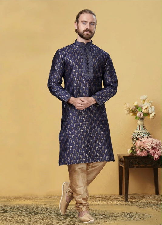 Men's Kurta - Navy Blue Ikat Leaf Pattern with Gold Trim - Indian Festive & Wedding Wear - Size 46