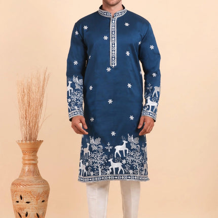 Men's Kurta - Blue with White Deer Embroidery - Indian Festive & Wedding Wear - Size 46