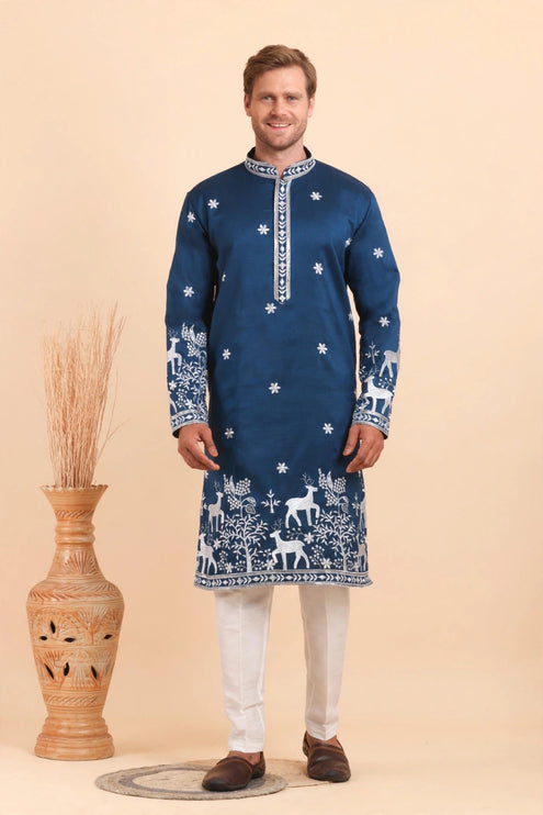Men's Kurta - Blue with White Deer Embroidery - Indian Festive & Wedding Wear - Size 46