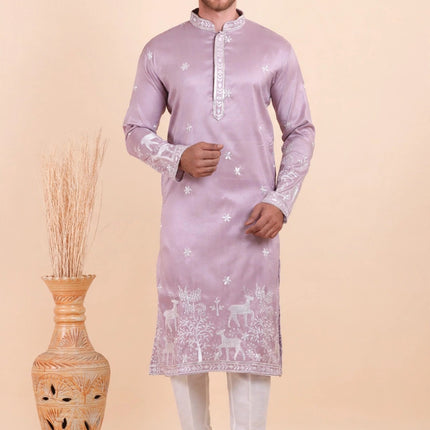 Men's Kurta - Lavender with White Deer Embroidery - Indian Festive & Wedding Wear - Size 44