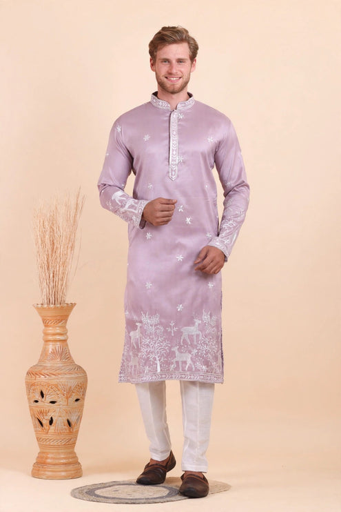 Men's Kurta - Lavender with White Deer Embroidery - Indian Festive & Wedding Wear - Size 44