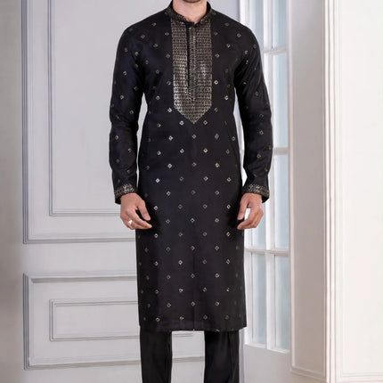 Men's Kurta - Black with Gold Sequin Yoke Work - Indian Festive & Wedding Wear - Size 38