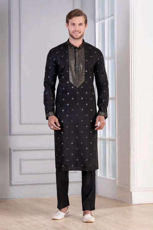 Men's Kurta - Black with Gold Sequin Yoke Work - Indian Festive & Wedding Wear - Size 38