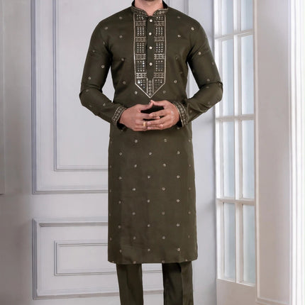 Men's Kurta - Olive Green with Gold Sequin Yoke Work - Indian Festive & Wedding Wear - Size 44