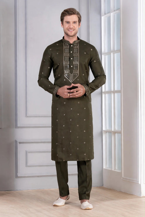 Men's Kurta - Olive Green with Gold Sequin Yoke Work - Indian Festive & Wedding Wear - Size 44