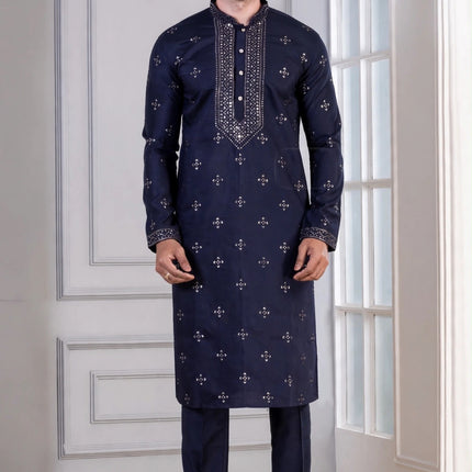 Men's Kurta - Navy Blue with Silver Sequin Yoke Work - Indian Festive & Wedding Wear - Size 42