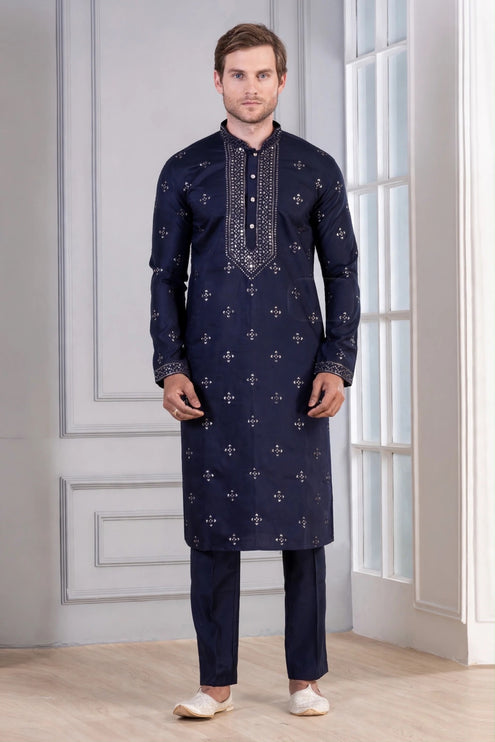Men's Kurta - Navy Blue with Silver Sequin Yoke Work - Indian Festive & Wedding Wear - Size 42