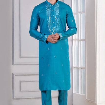 Men's Kurta - Turquoise with Mirror Work Yoke - Indian Festive & Wedding Wear - Size 40