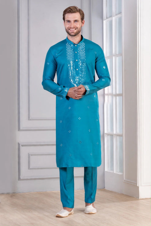 Men's Kurta - Turquoise with Mirror Work Yoke - Indian Festive & Wedding Wear - Size 40