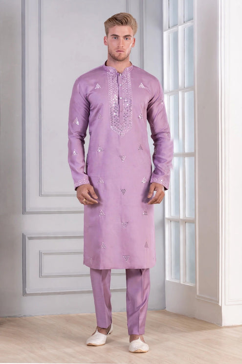 Men's Kurta - Lavender with Mirror Work - Indian Festive & Wedding Wear - Size 36
